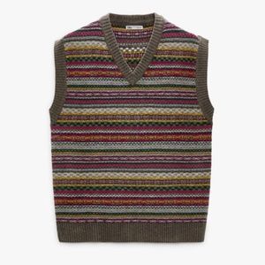 Zara wool blend rustic multicolored whimsical jacquard V-neck sweater vest NWT